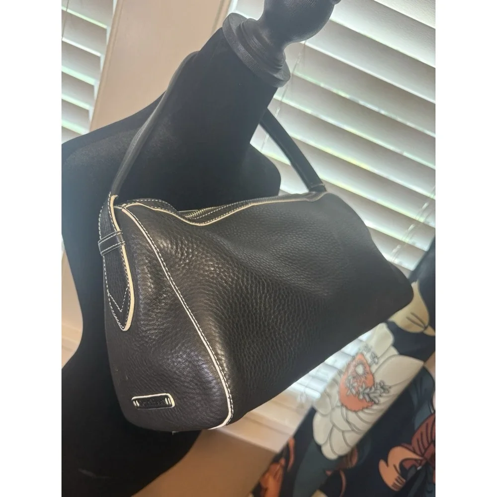 Cole Haan Black Pebble Leather Shoulder Bag‎ W/ Contrast Stitching, Zip Close.